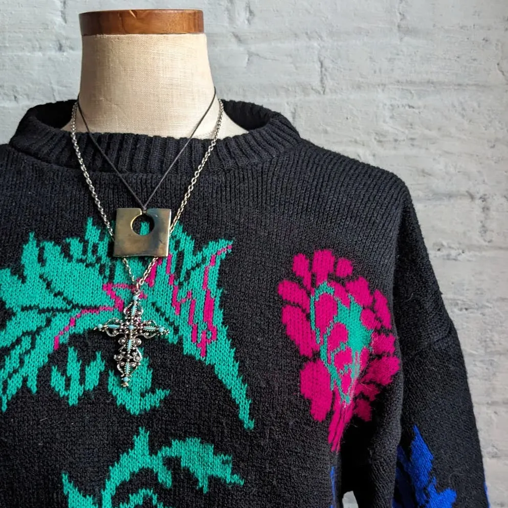 90s Vintage Chunky Knit Floral Grunge Granny Sweater Statement Earthy Trippy Top