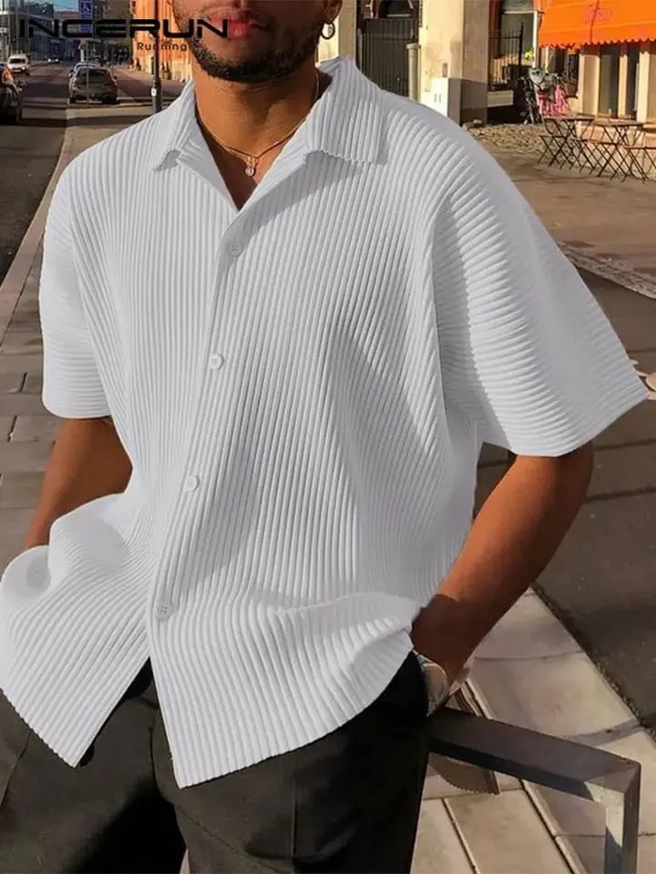 American Style Casual Simple New Men's Solid Blouse Streetwear Male Loose Comfortable Pleated Short Sleeve Shirts S S4458090