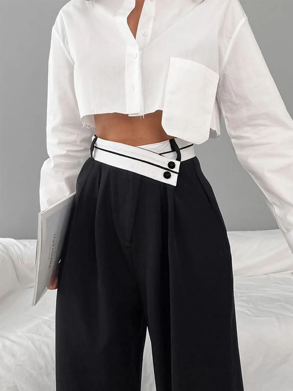 Asymmetrical Contrast Waistband Trendy Wide Leg Dress Pants