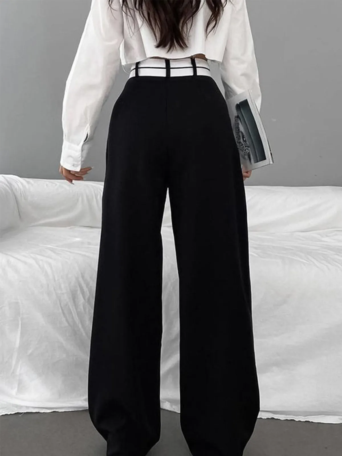 Asymmetrical Contrast Waistband Trendy Wide Leg Dress Pants