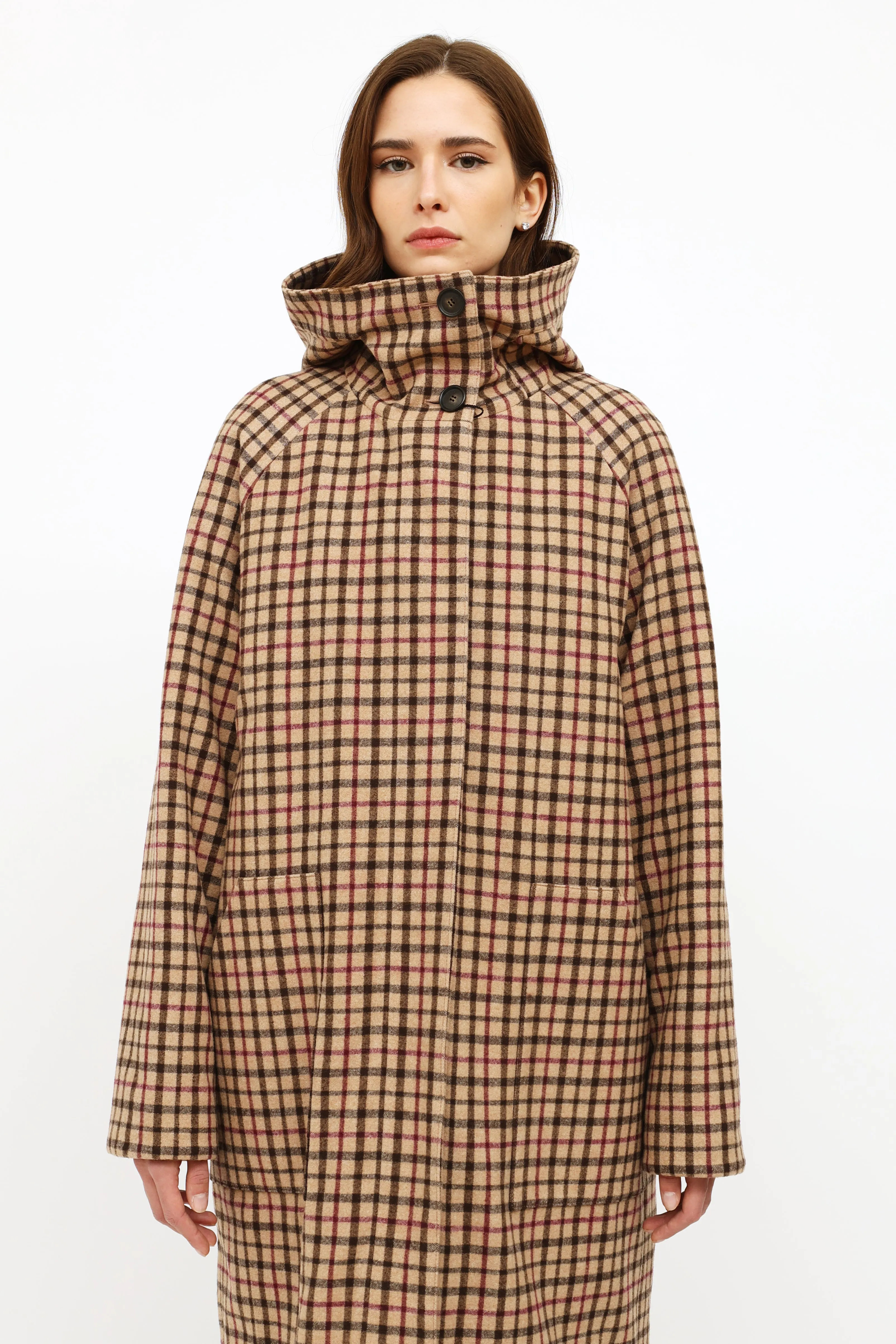 Beige Plaid Wool Trench Coat