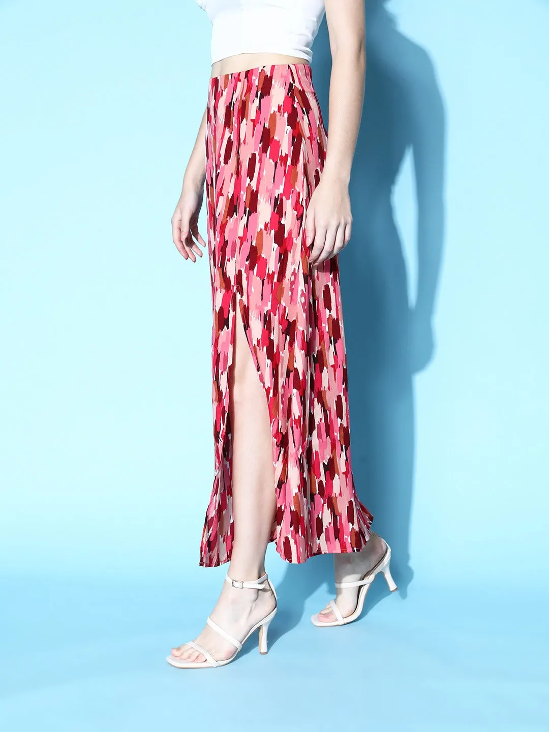 Berrylush Women Pink & Maroon Abstract Printed High-Rise Waist Side-Slit Flared A-Line Maxi Skirt