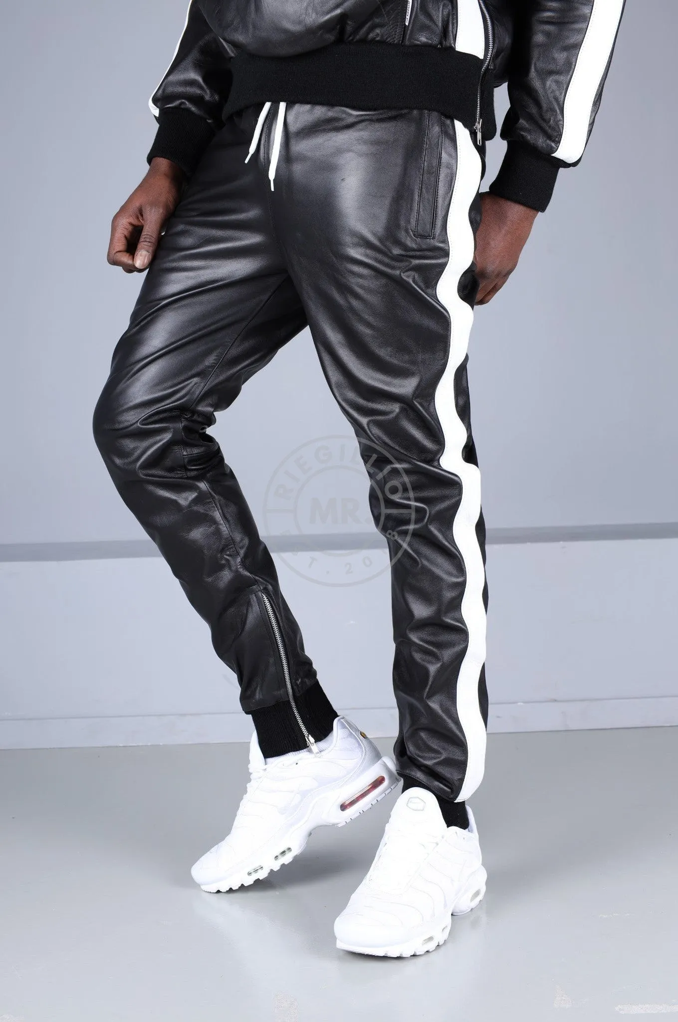 Black Leather Sports Pants - White Stripe