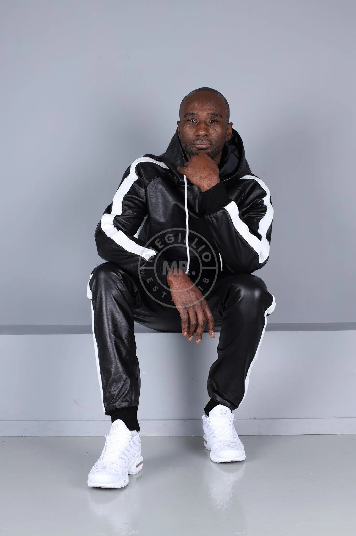 Black Leather Sports Pants - White Stripe