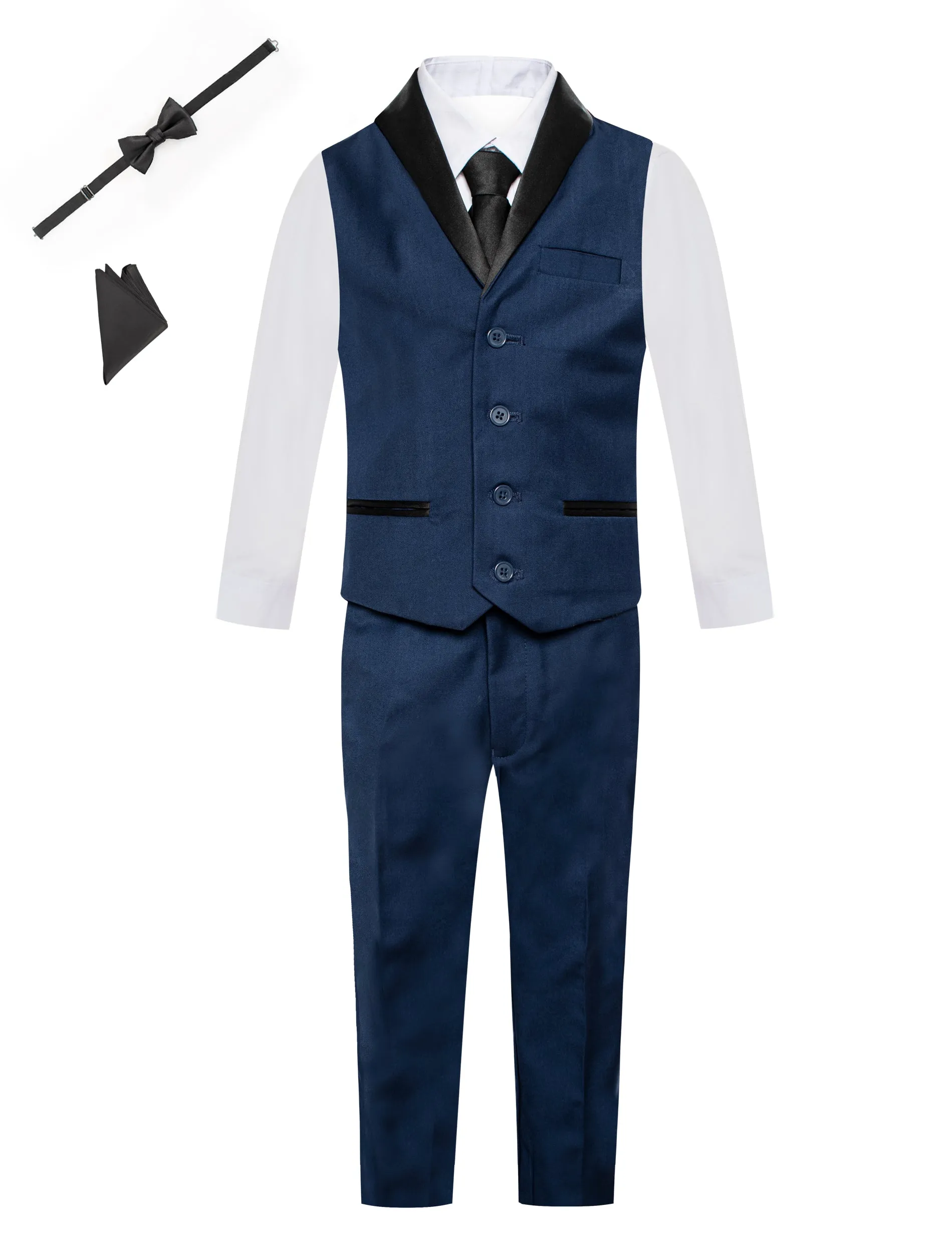 Boys Tuxedo Vest 6 Piece Set: Satin Shawl Lapel Buttoned Vest, Dress Shirt, Pants, Tie, Bowtie, Pocket Square