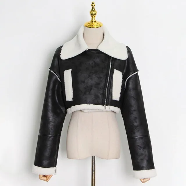 Casual Colorblock Patchwork Coat For Women Lapel Collar Long Sleeve High Waist Slim Short Coats Female Autumn