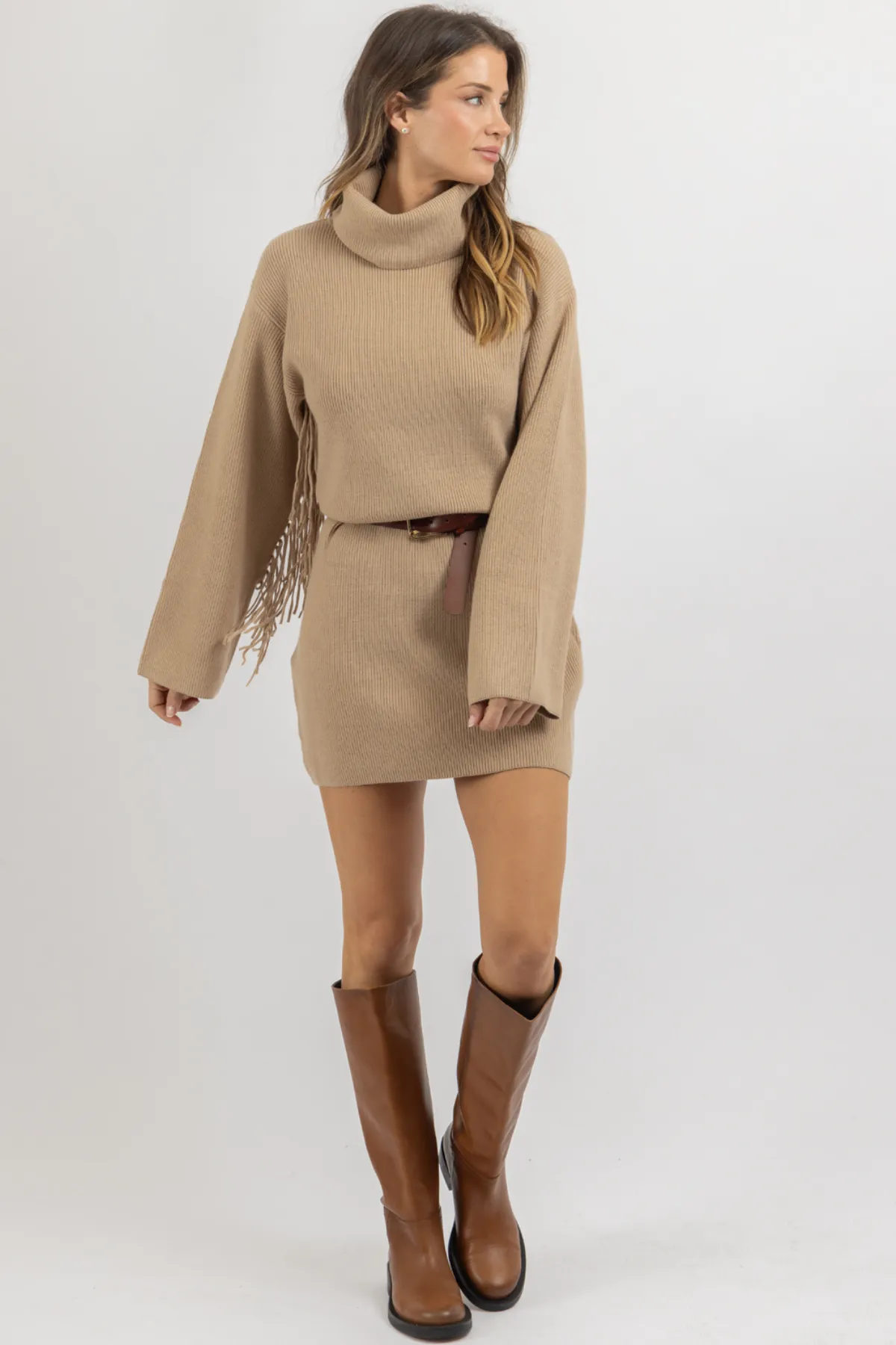 CHARLEY TAN FRINGED SWEATER MINI DRESS