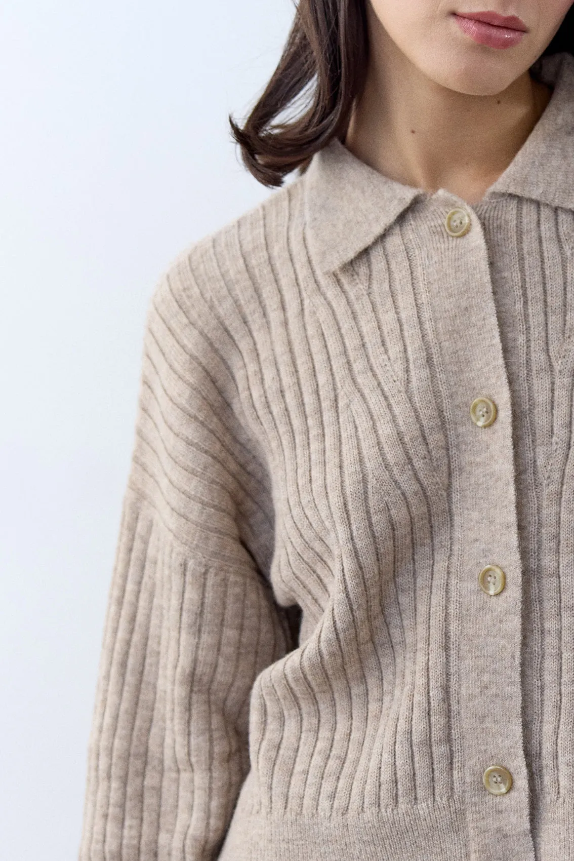 Collared Ribbed Cardigan Baby Alpaca - Beige