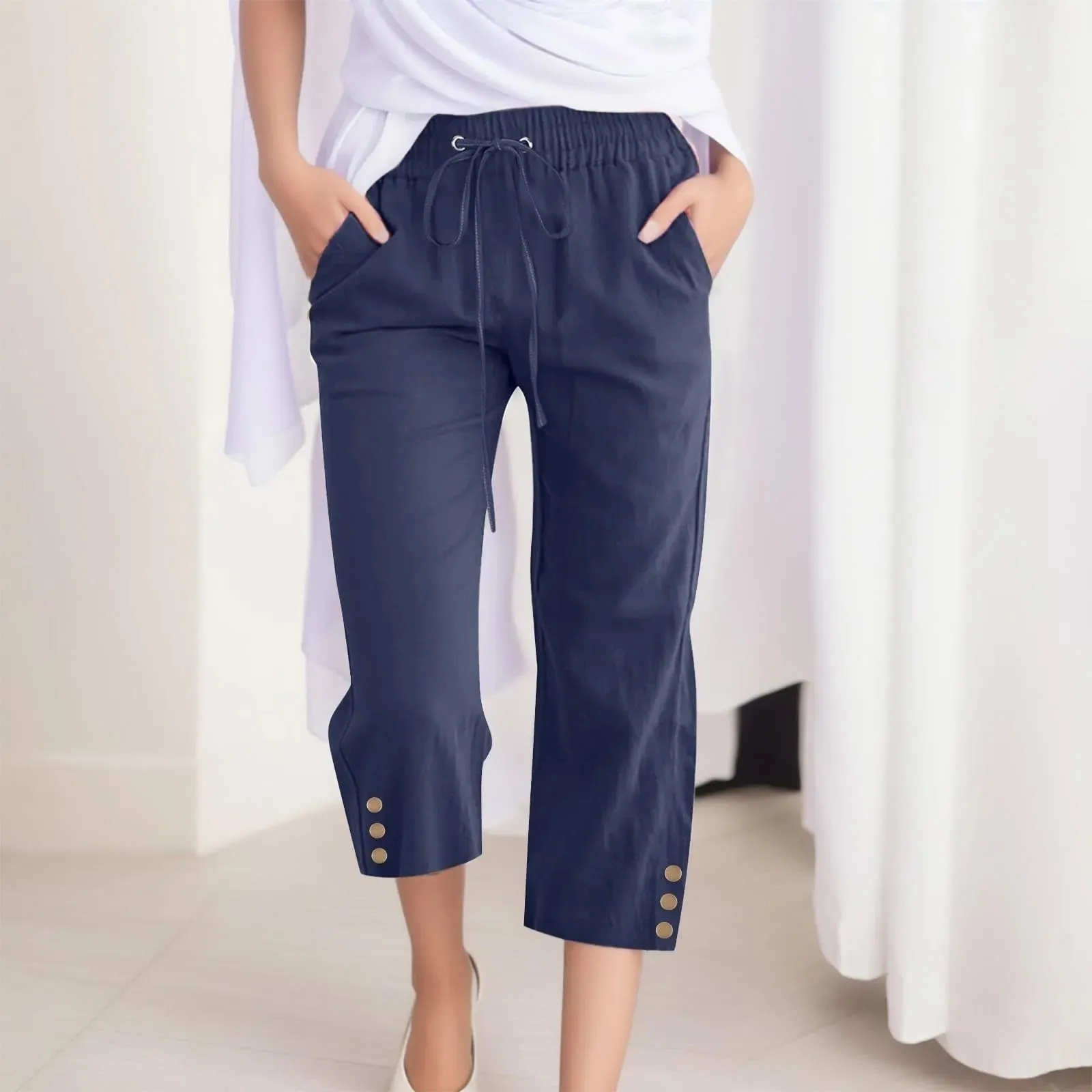 Drawstring Mid-Calf Cotton Linen Pants