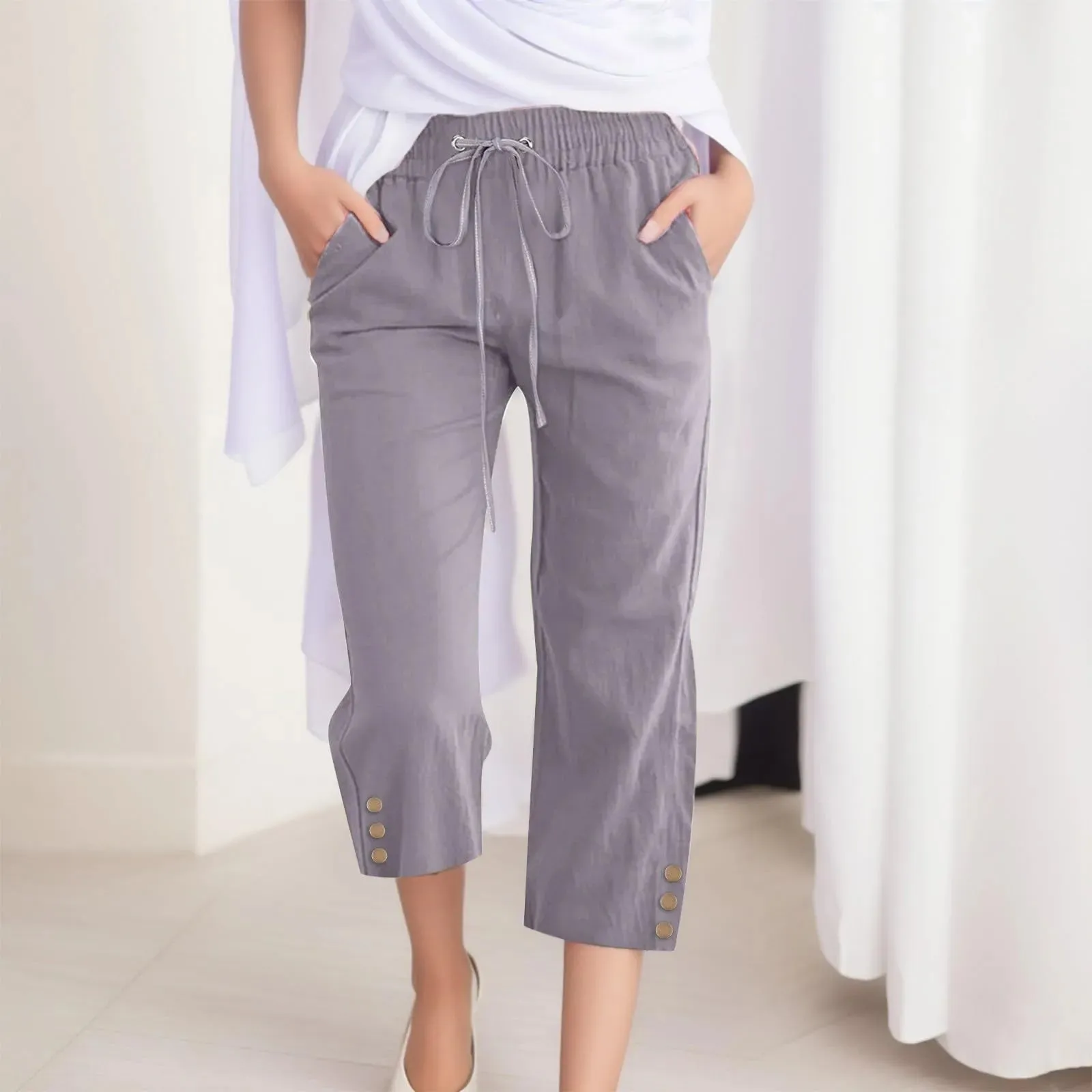 Drawstring Mid-Calf Cotton Linen Pants