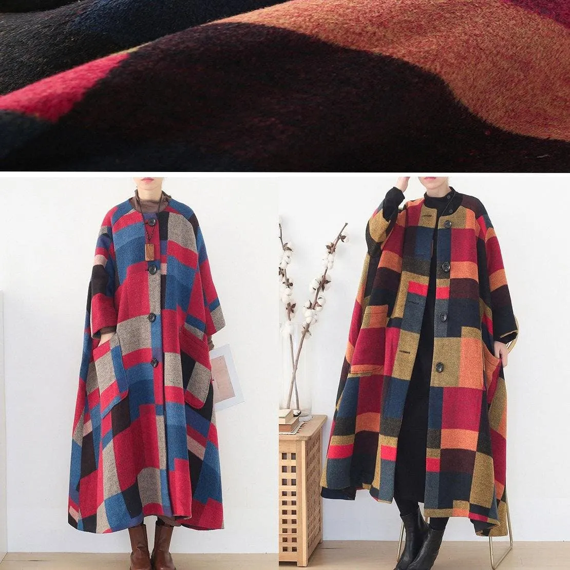 Elegant oversize long coats wild outwear yellow plaid winter wool overcoat