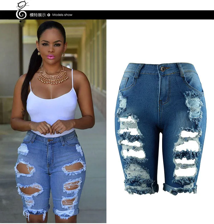 Europe Summer Personality Ripped Denim Pants Women Bermuda Shorts Trendy Bermuda Shorts