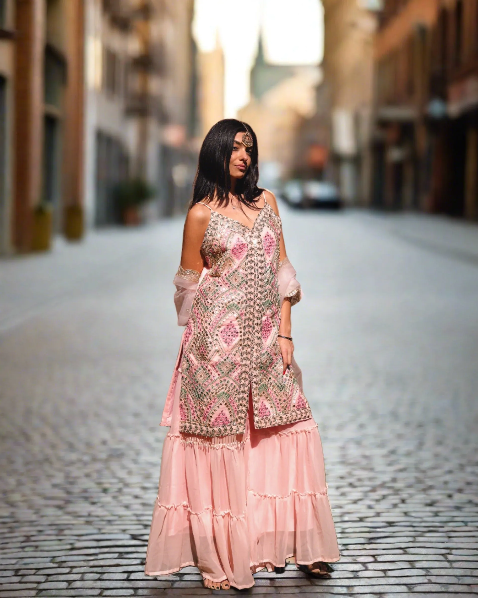 Fancy Embroidered Georgette Silk Peachy Pink Ruffle Sharara Suit