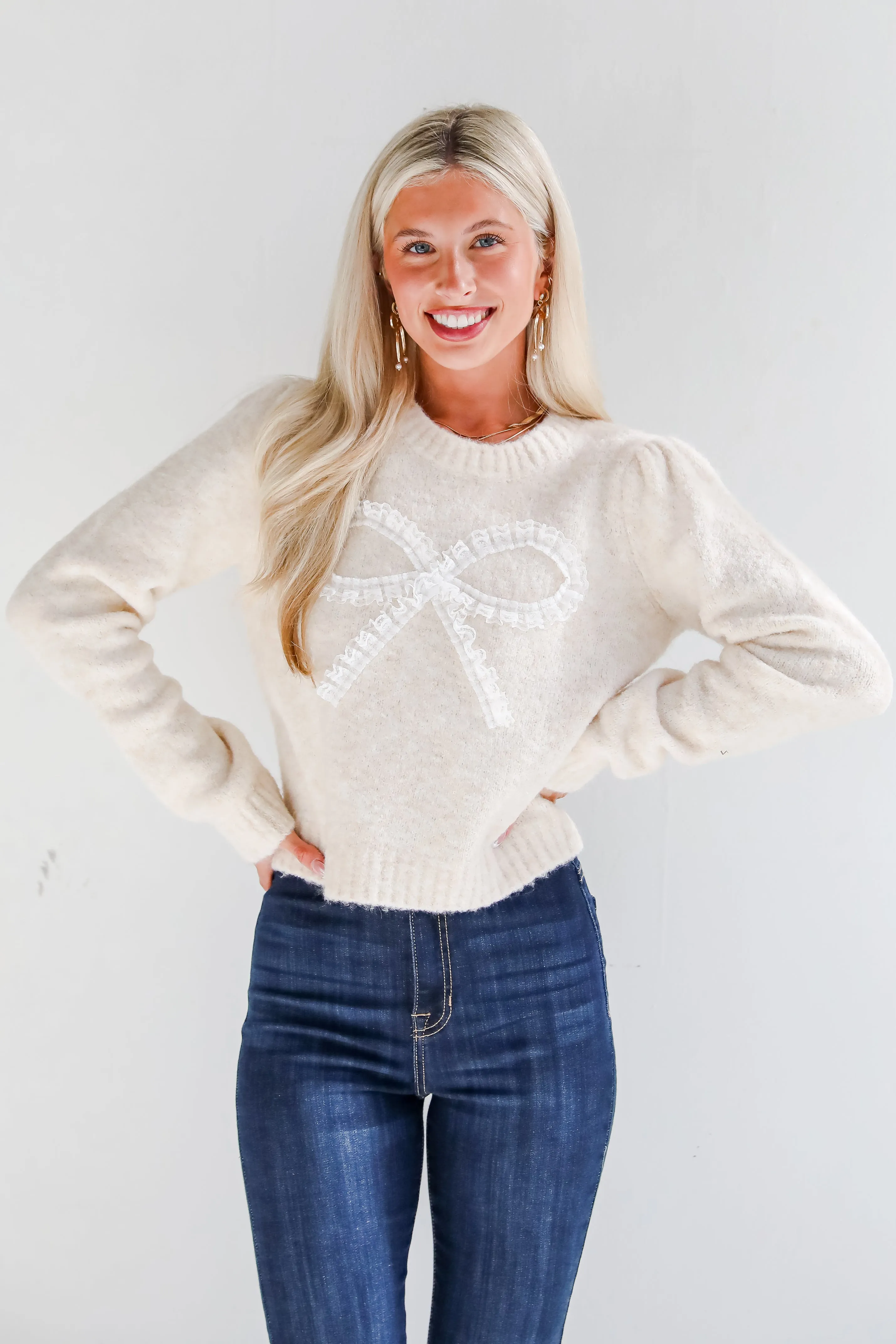 FINAL SALE - Constantly A Cutie Cream Lace Bow Sweater