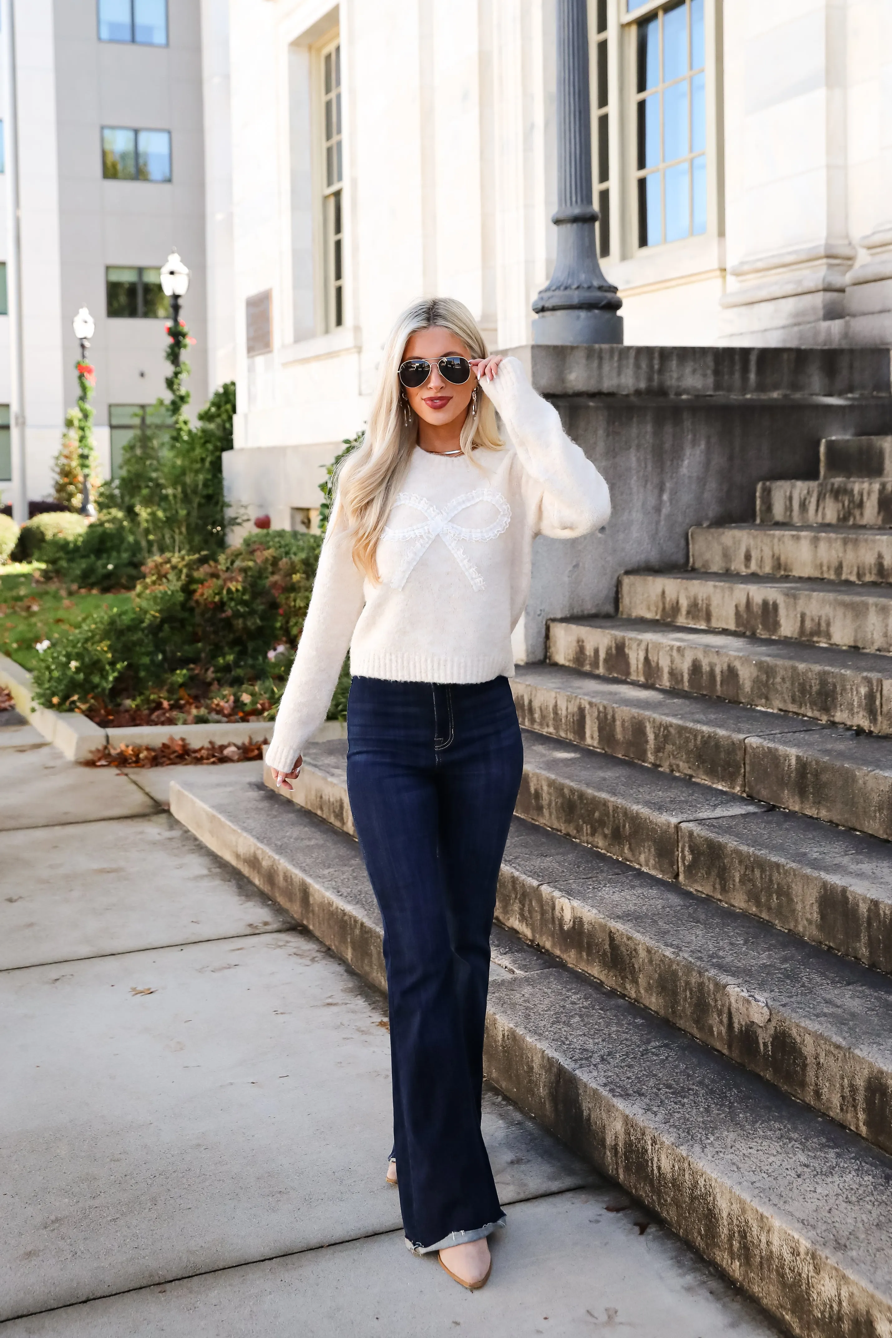 FINAL SALE - Constantly A Cutie Cream Lace Bow Sweater