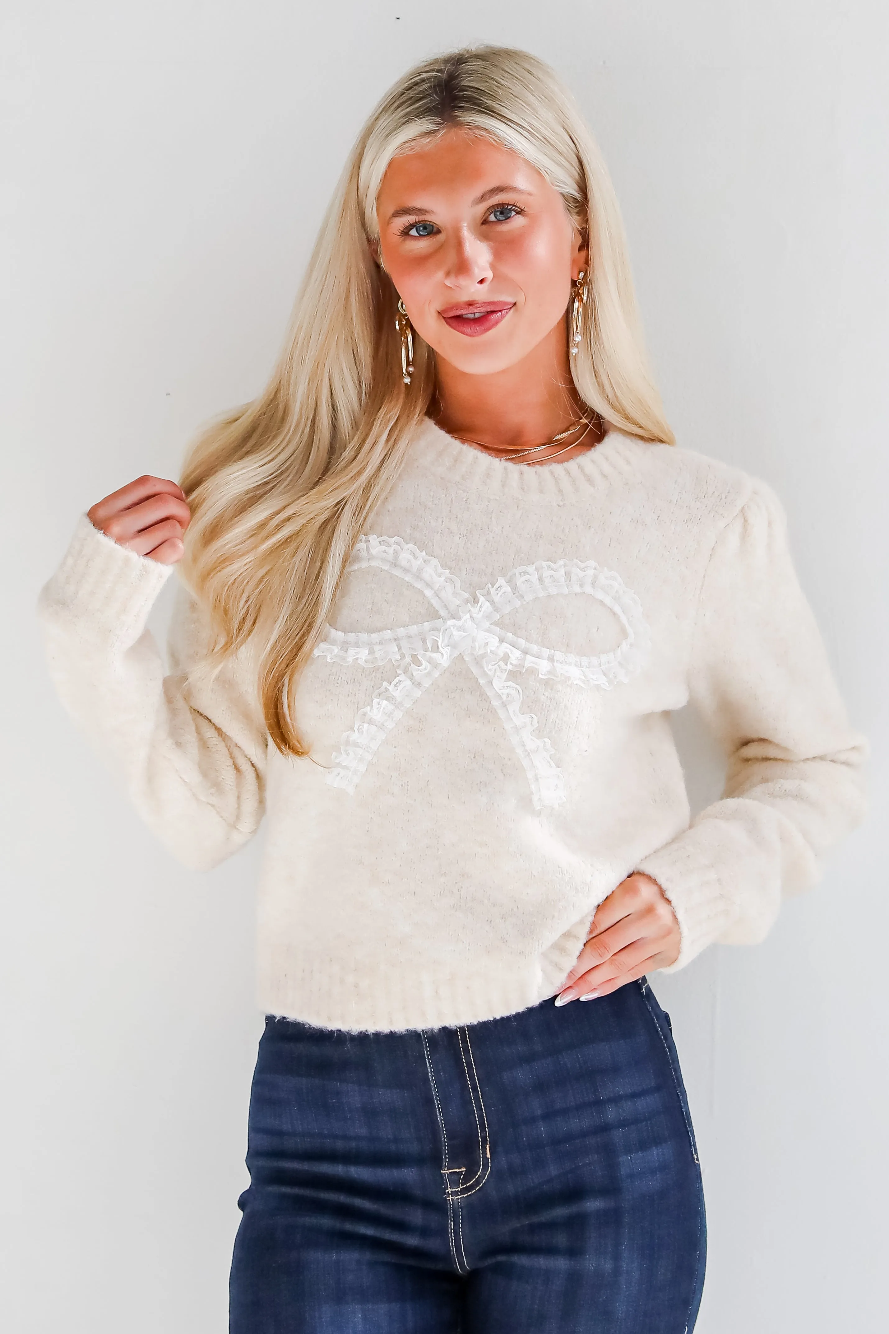 FINAL SALE - Constantly A Cutie Cream Lace Bow Sweater