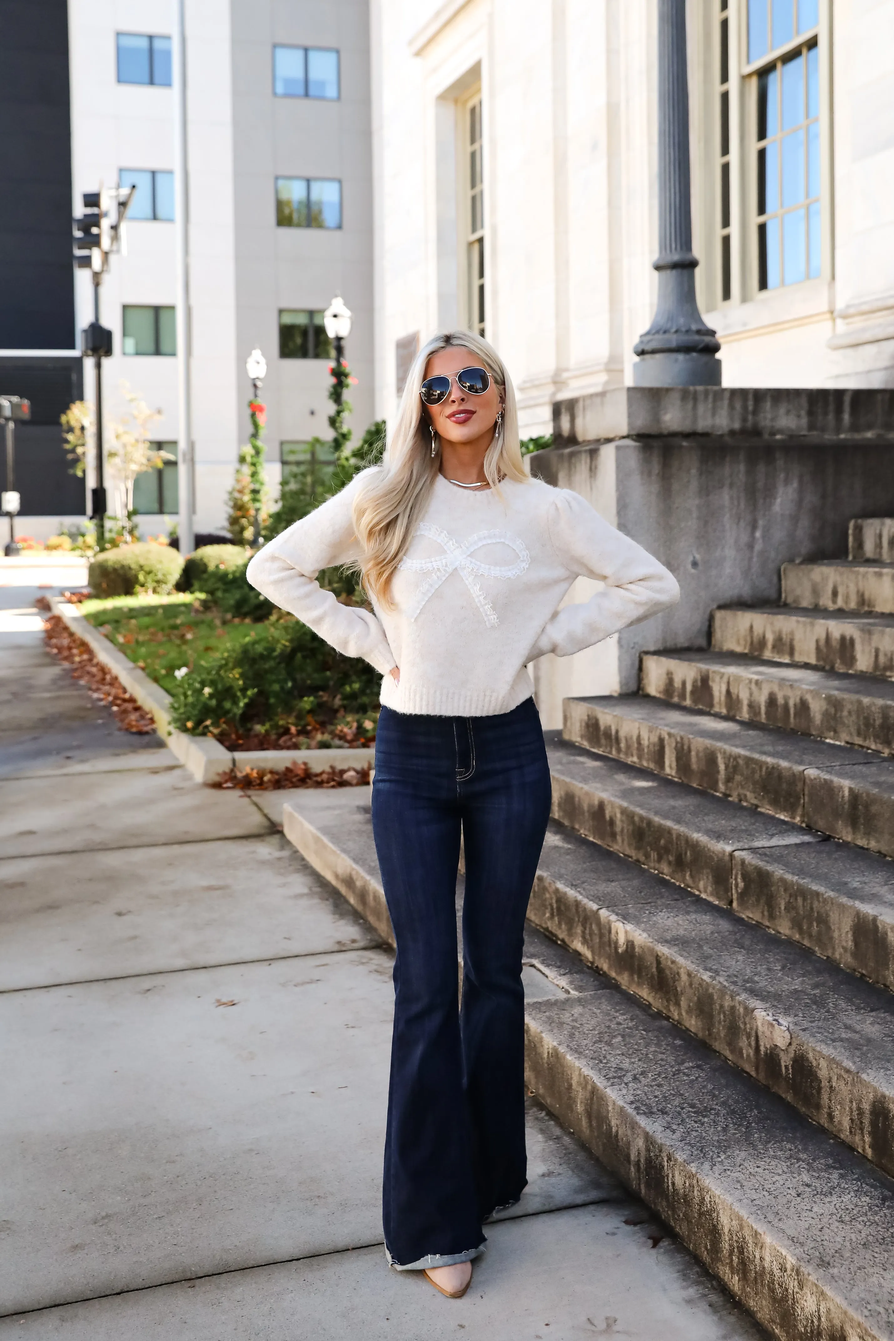 FINAL SALE - Constantly A Cutie Cream Lace Bow Sweater