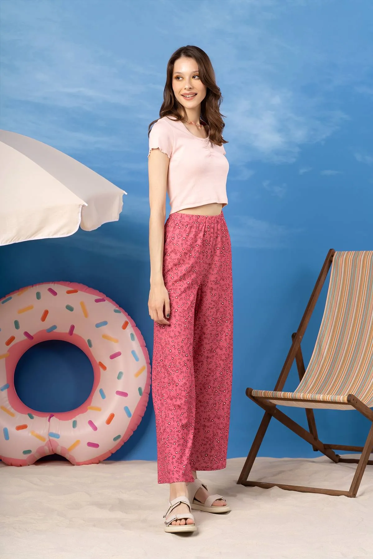 Floral Wide Leg Trouser For Women - Middle Rose