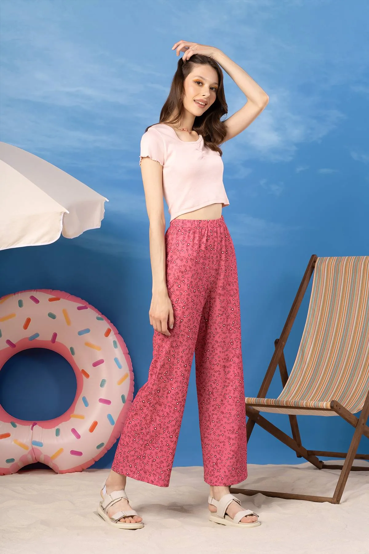 Floral Wide Leg Trouser For Women - Middle Rose