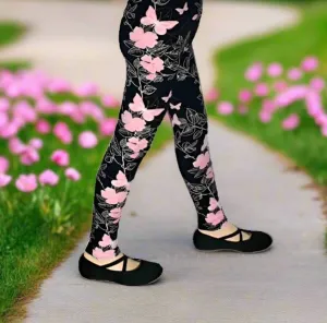 Girls Pink Butterfly Leggings, Kids Yoga Pants, Sizes S/L, No-Roll Waist, Black/Pink