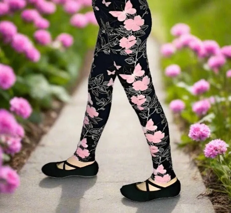 Girls Pink Butterfly Leggings, Kids Yoga Pants, Sizes S/L, No-Roll Waist, Black/Pink