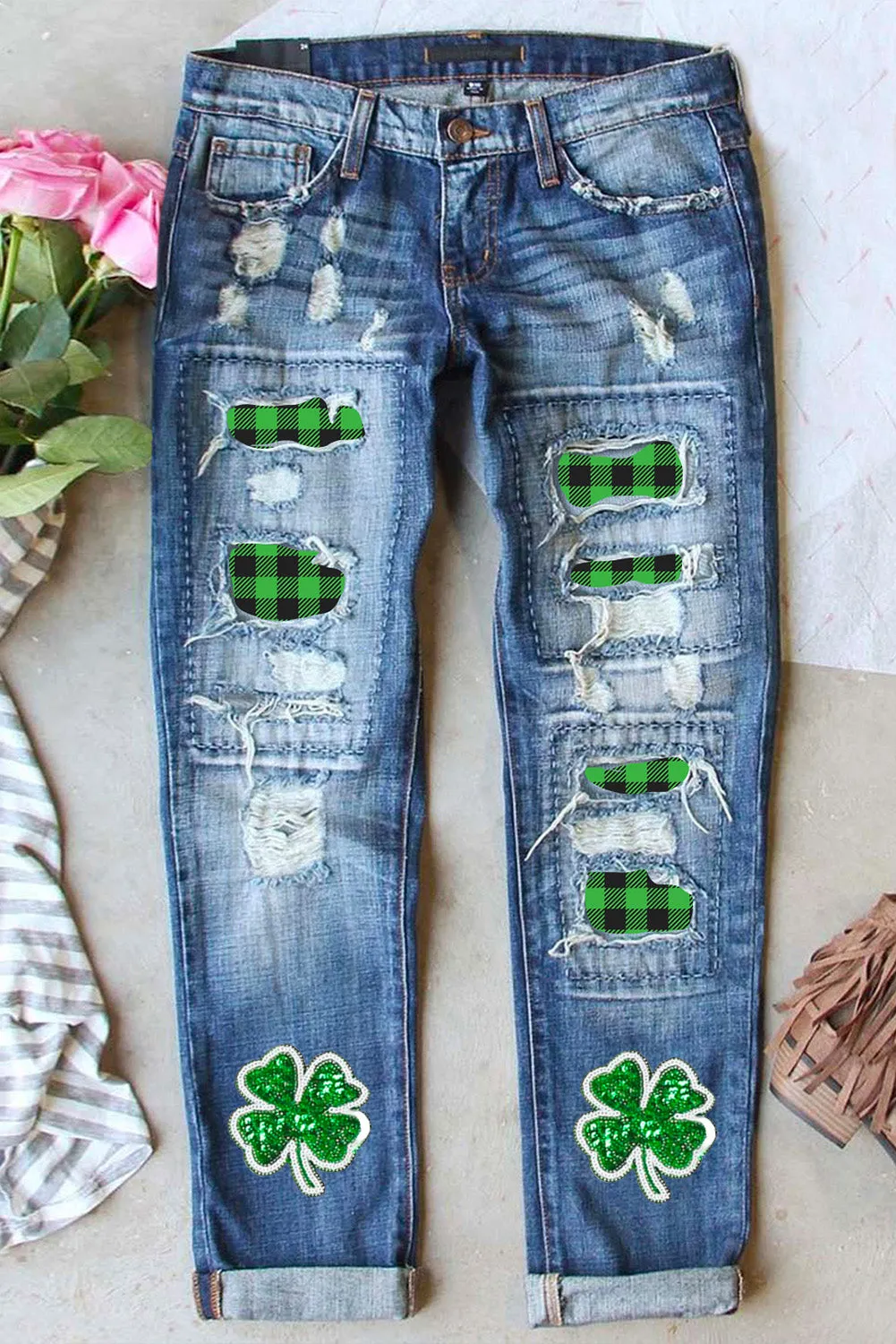 Glitter Clover Insert Distressed Jeans