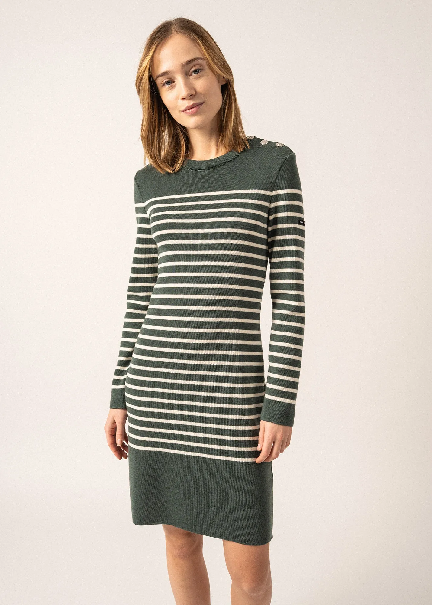 Grande Marée striped jumper dress - in wool, shoulder buttoning (VEGETAL/ECUME)