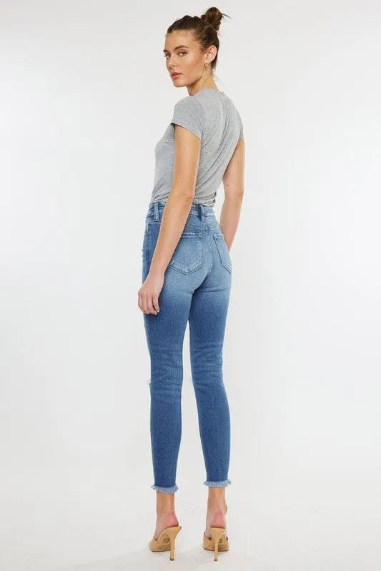 High Rise Fray Hem Ankle Skinny Jeans