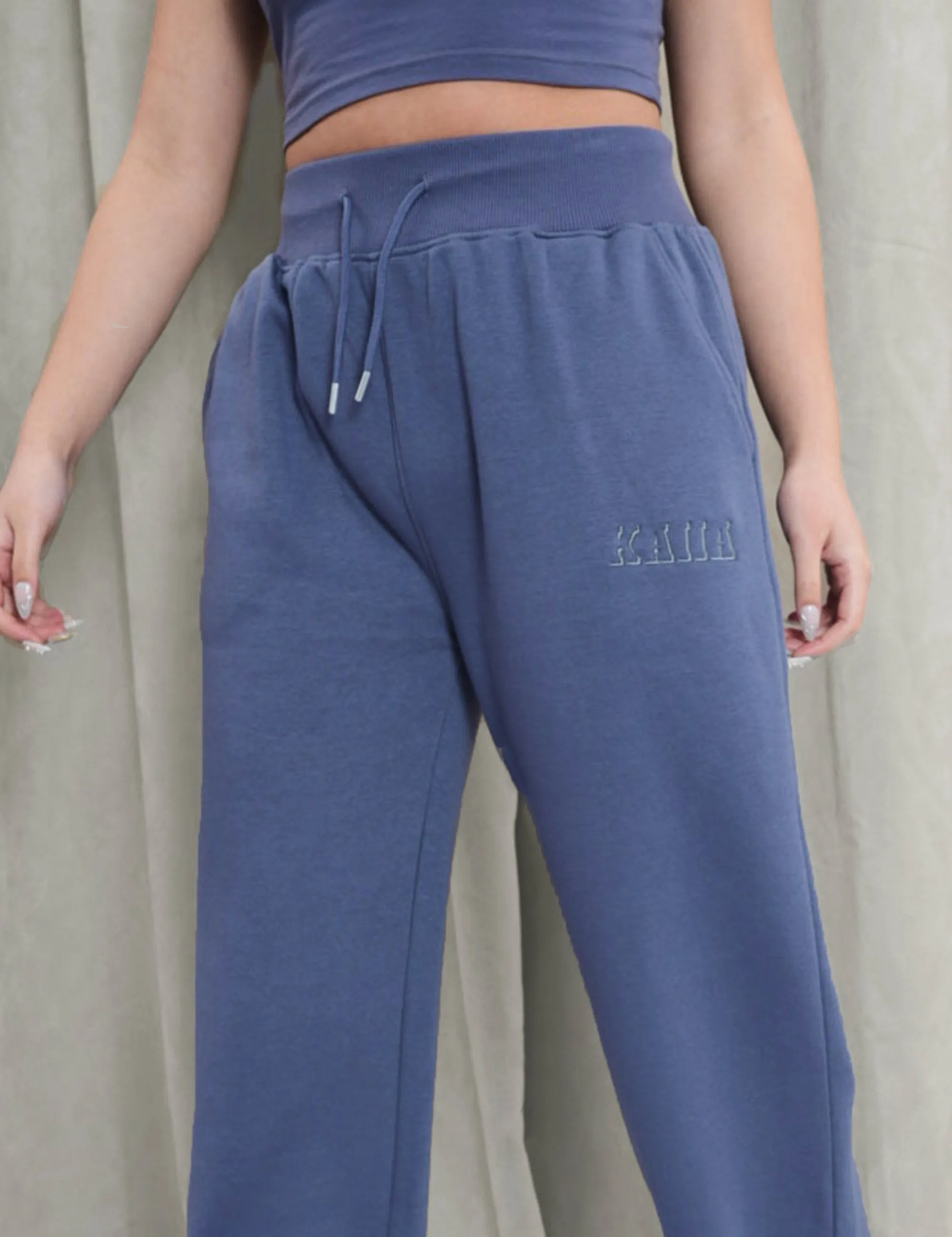 Kaiia Shadow Logo Ribbed Waistband Wide Leg Sweat Pants Slate Blue