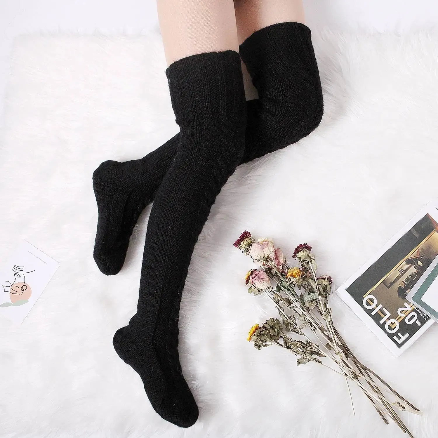 Knitted Knee High Leg Warmers Cozy Wool Winter Socks