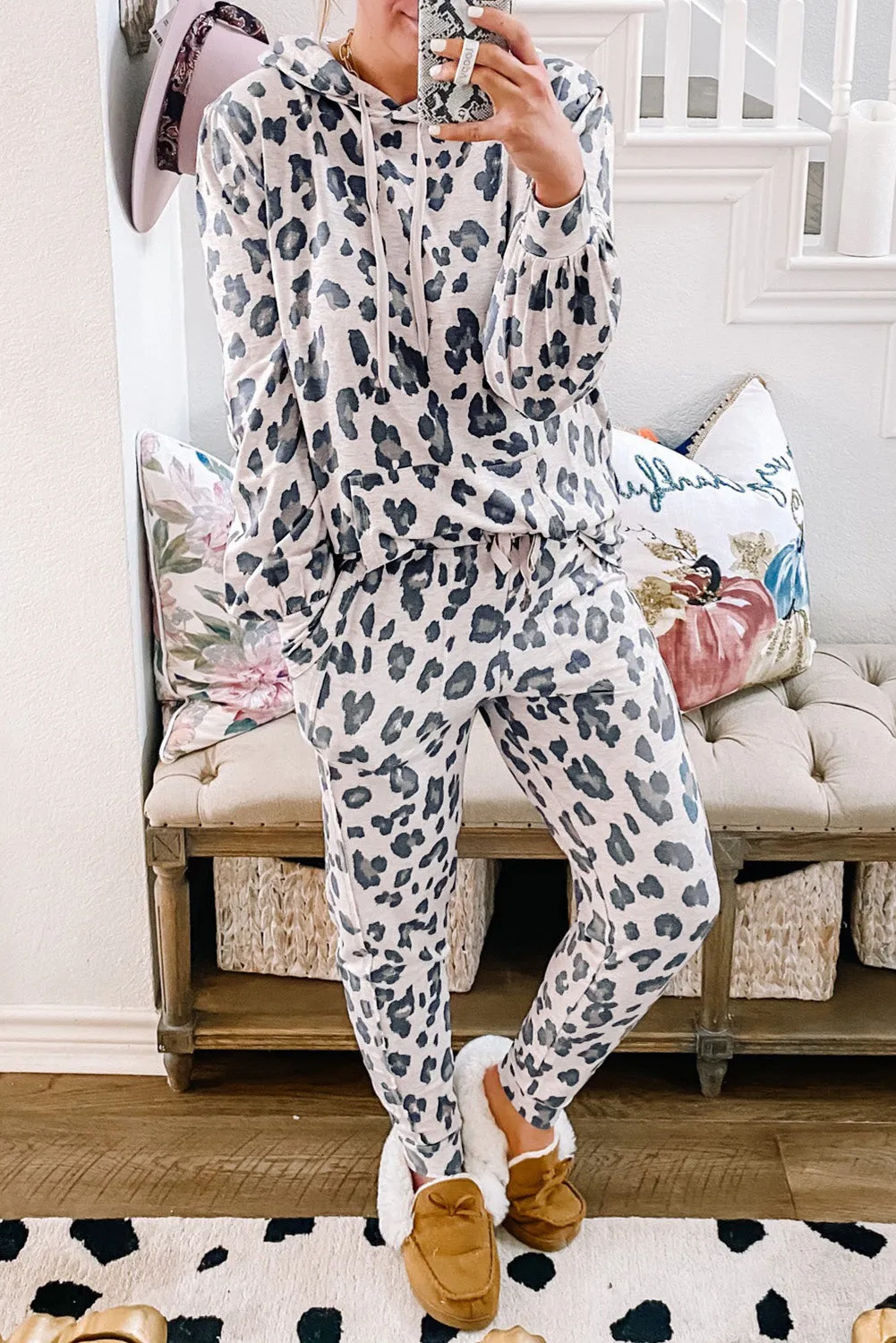 Leopard Drawstring Hoodie and Pajama Set