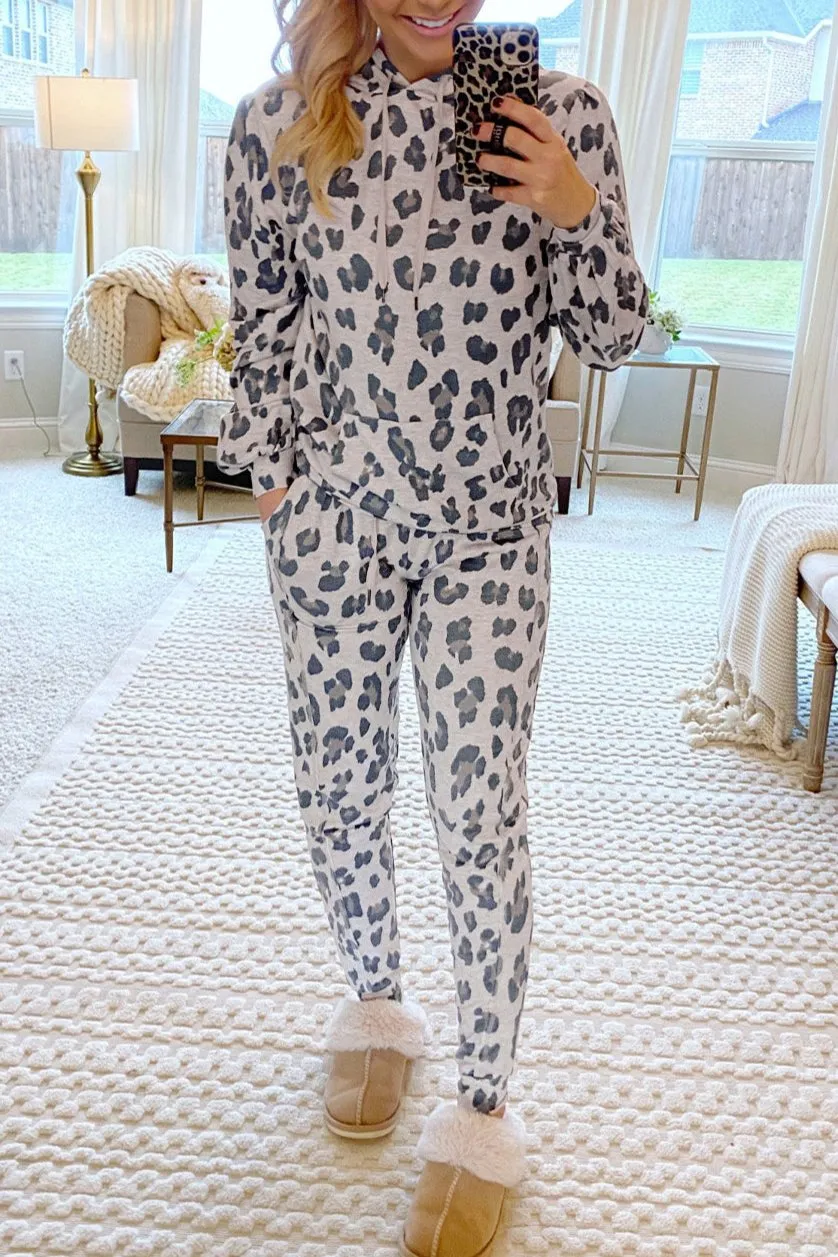 Leopard Drawstring Hoodie and Pajama Set