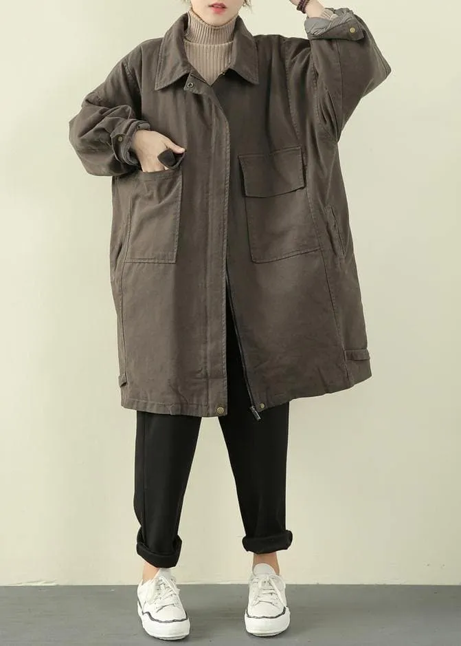 Luxury gray green casual outfit trendy plus size winter jacket lapel zippered overcoat