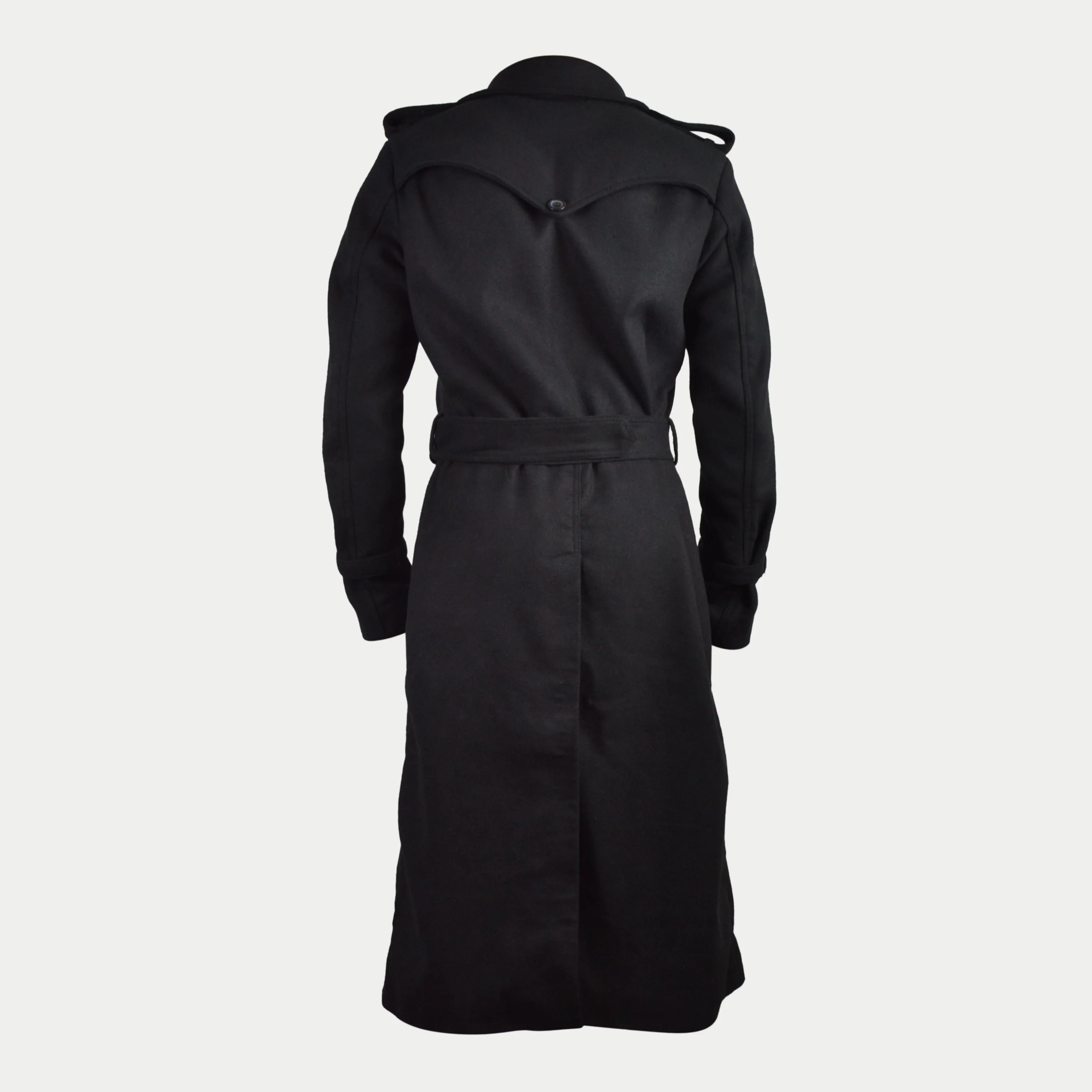 Men's Black Long Double-Breasted Belted Real Wool Coat