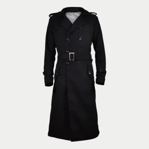 Men's Black Long Double-Breasted Belted Real Wool Coat