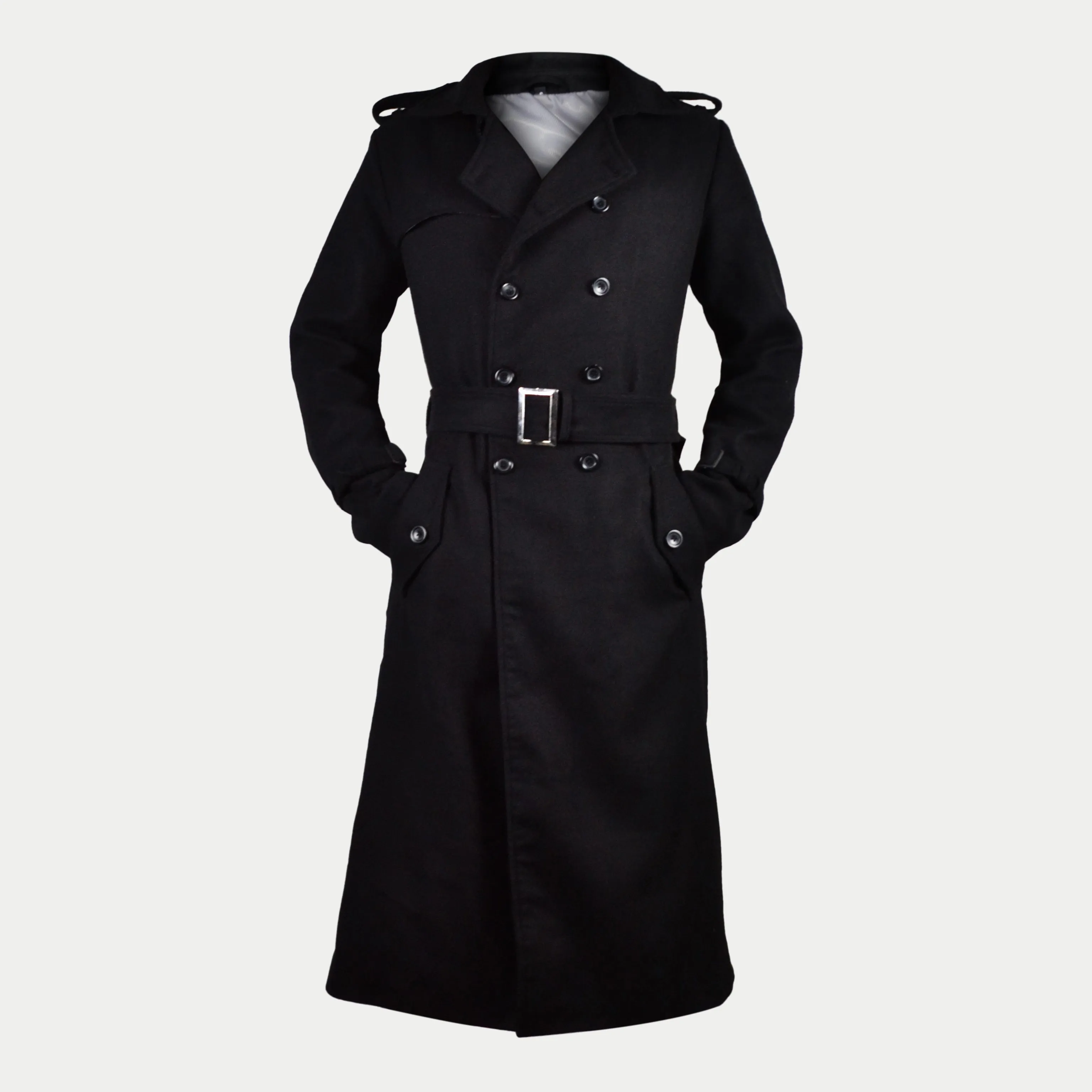 Men's Black Long Double-Breasted Belted Real Wool Coat