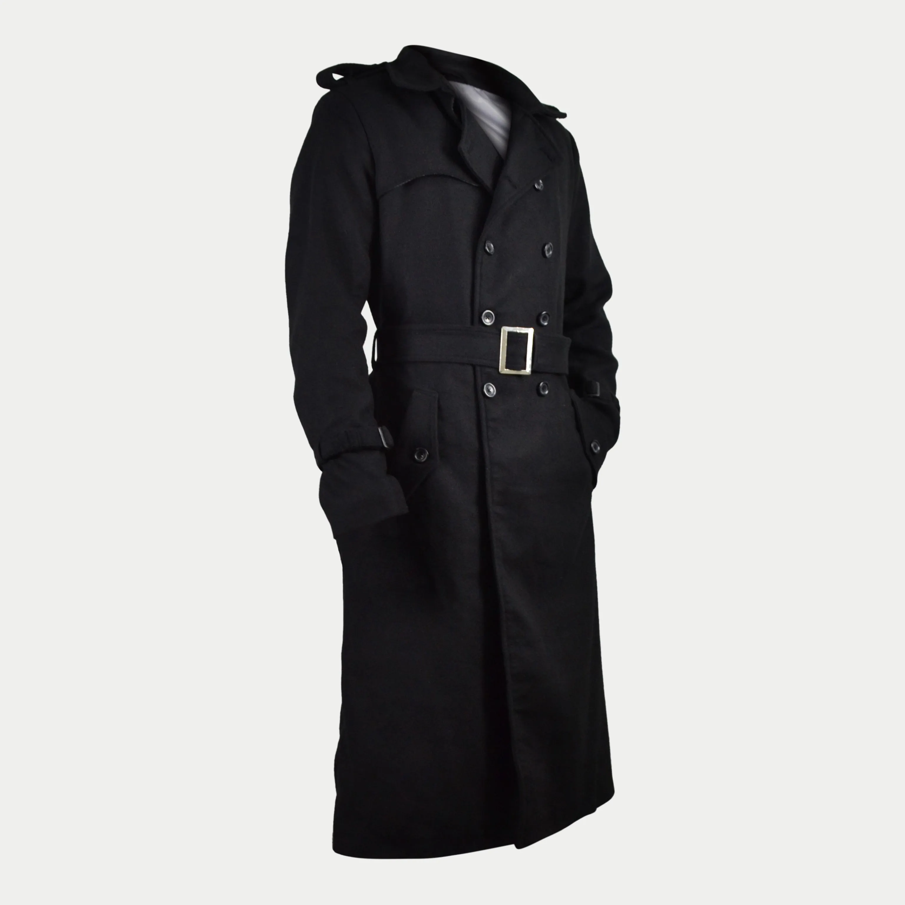 Men's Black Long Double-Breasted Belted Real Wool Coat