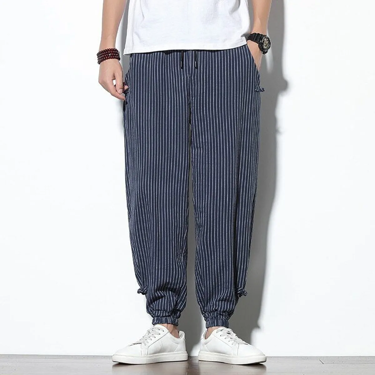 Men's Pants Loose Thin Blue Striped Jogger Breathable Casual Harem Pants