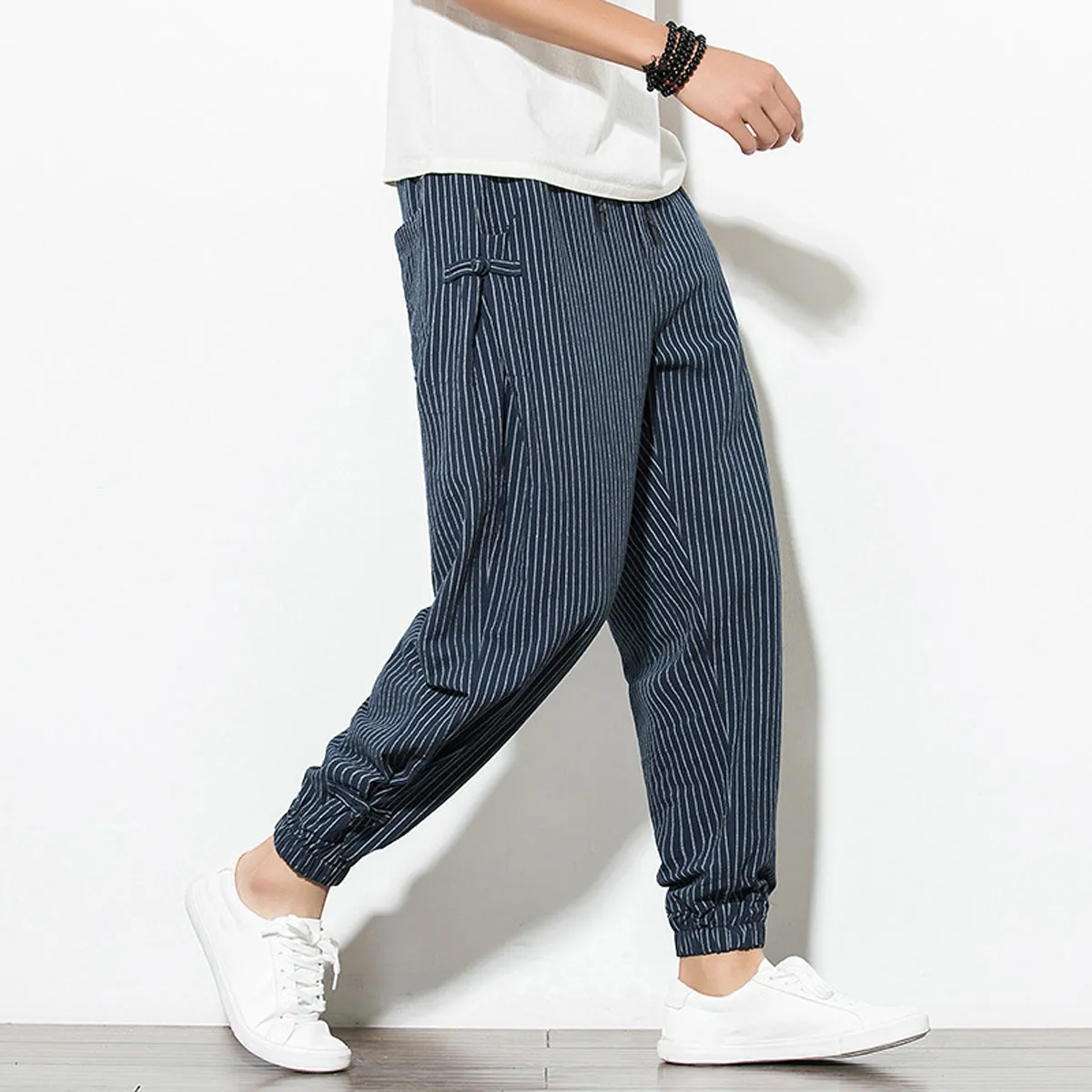 Men's Pants Loose Thin Blue Striped Jogger Breathable Casual Harem Pants