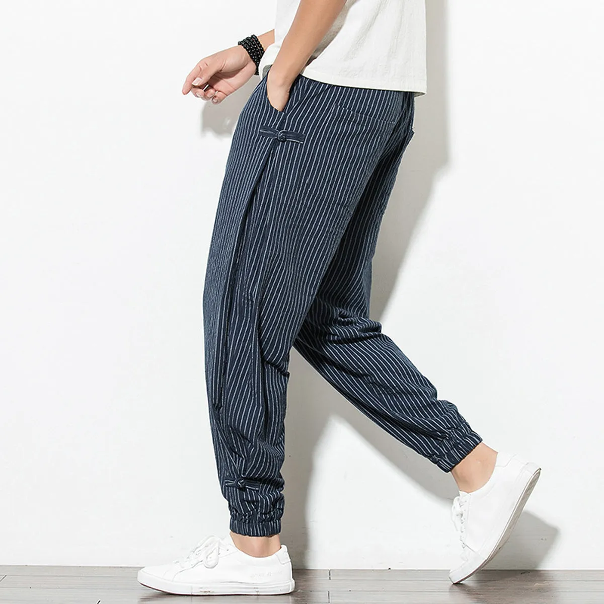 Men's Pants Loose Thin Blue Striped Jogger Breathable Casual Harem Pants