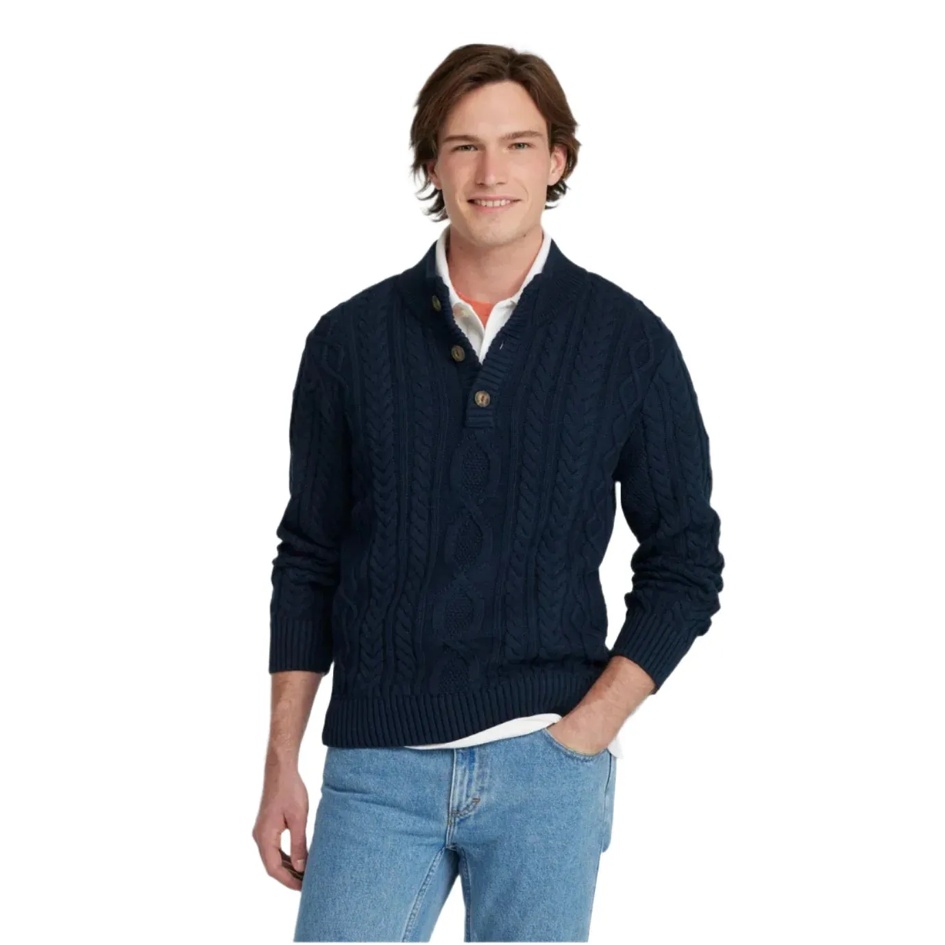 M's Heritage Soft Cotton Fisherman Sweater, Button-Mock