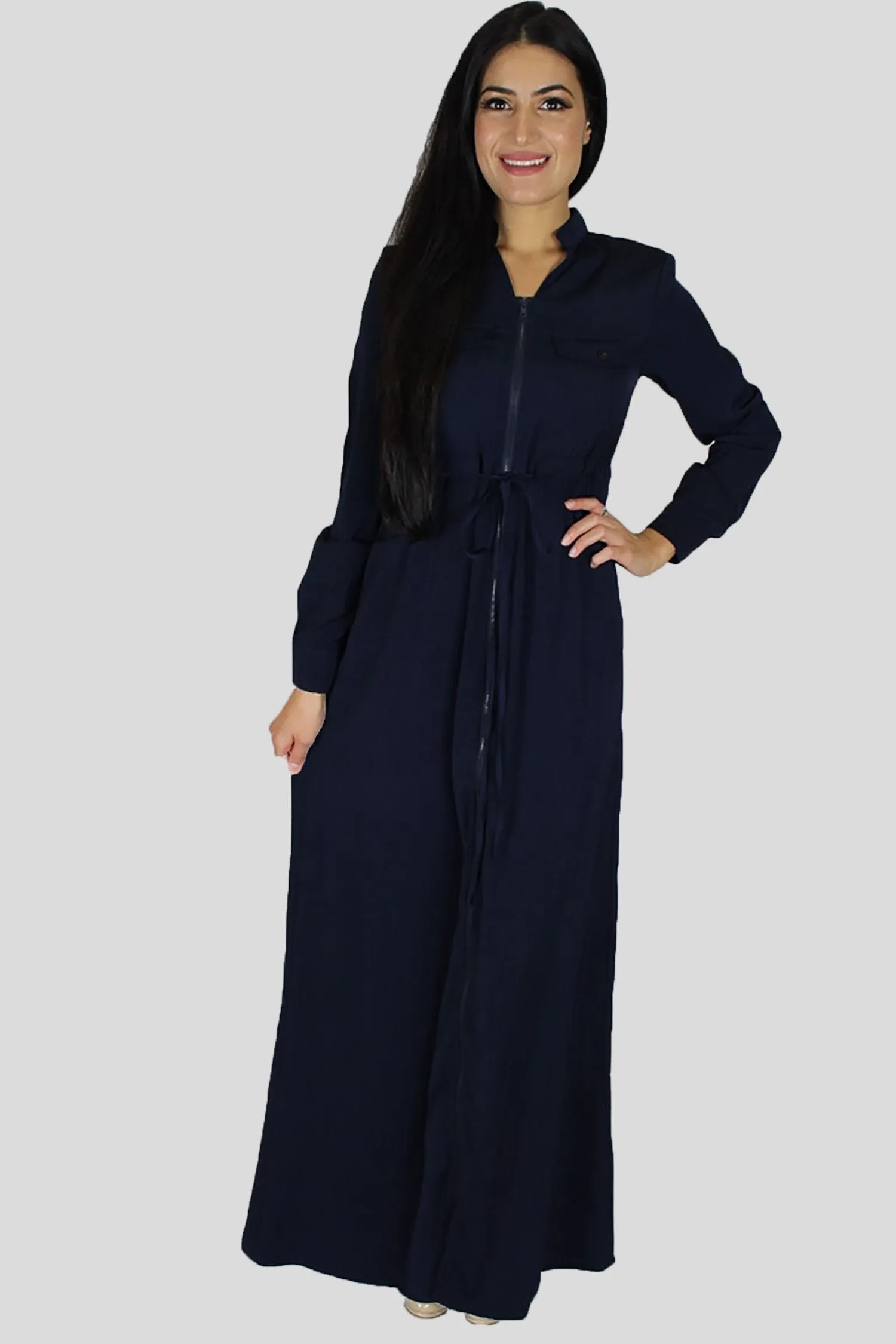 Navy Blue Zipper-Down Maxi Dress