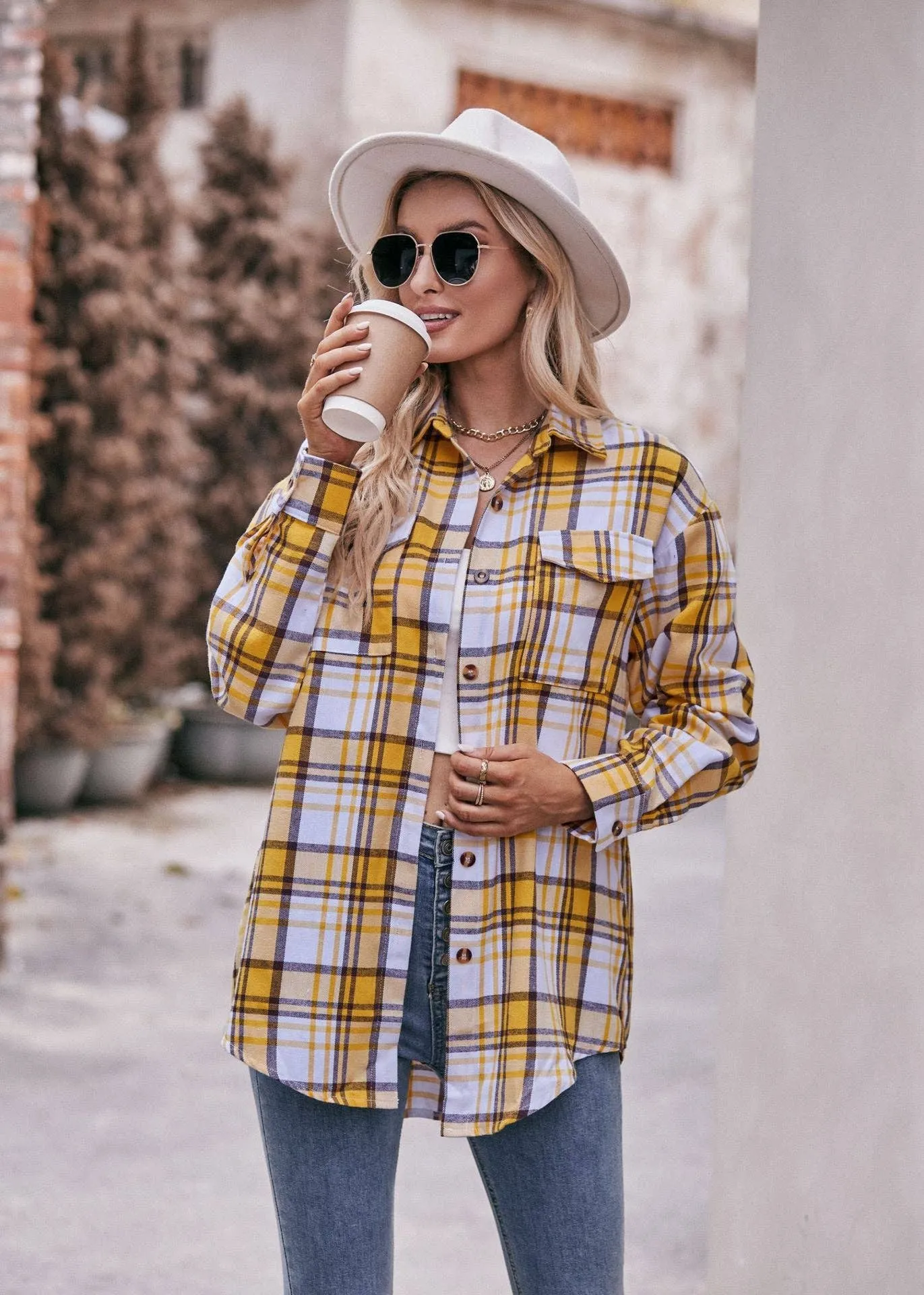 Oversized Plaid Button Down - Yellow