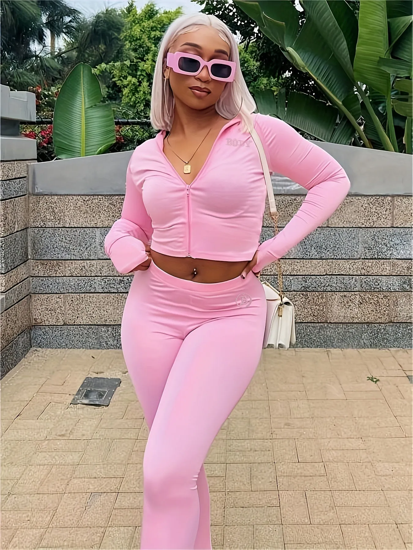 Pink Slim Two piece Casual Long Sleeve Crop  Set