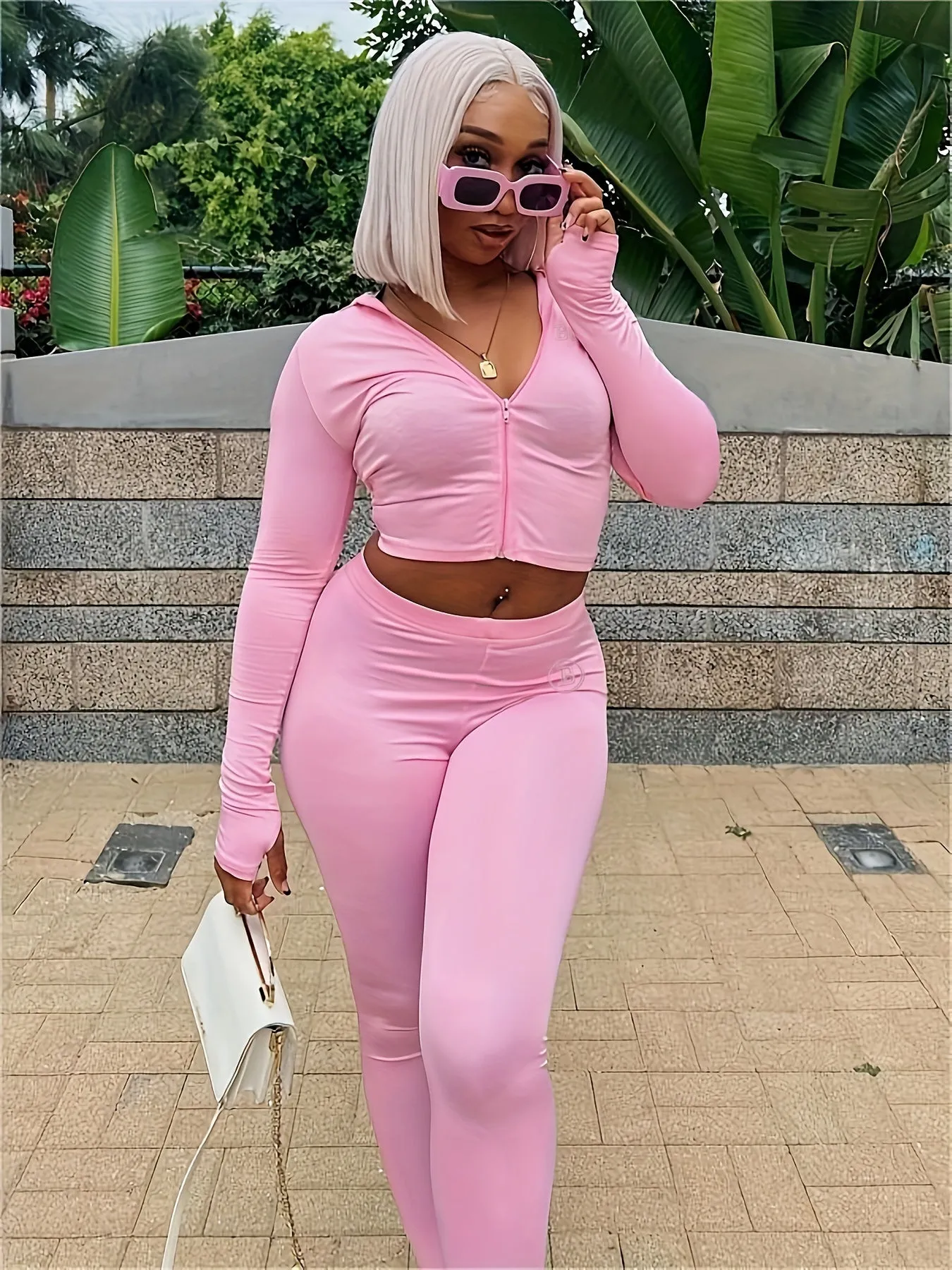 Pink Slim Two piece Casual Long Sleeve Crop  Set