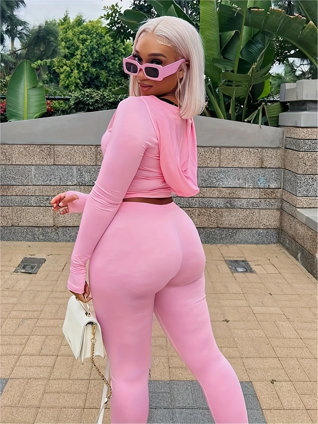 Pink Slim Two piece Casual Long Sleeve Crop  Set