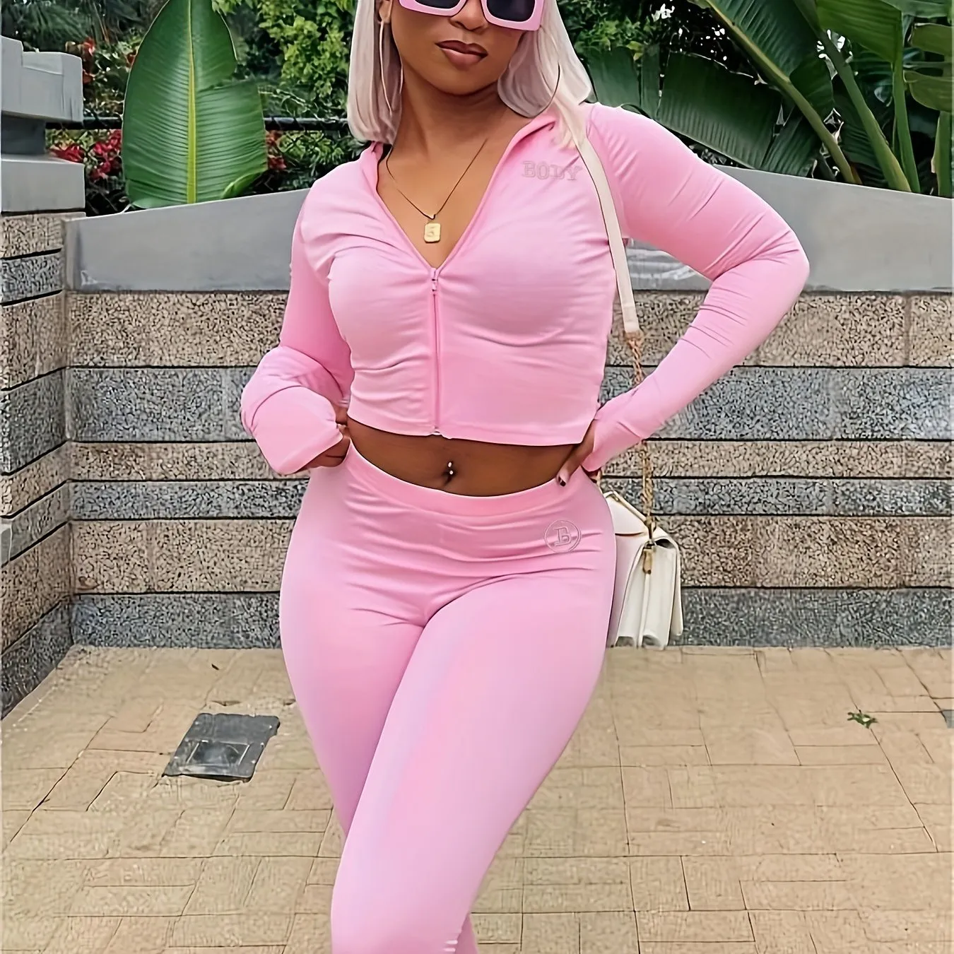 Pink Slim Two piece Casual Long Sleeve Crop  Set