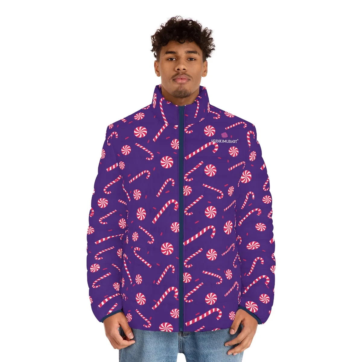 Purple Candy Cane Men's Jacket, Best Christmas Winter Regular Fit Polyester Men's Puffer Jacket With Stand Up Collar (US Size: S-2XL)