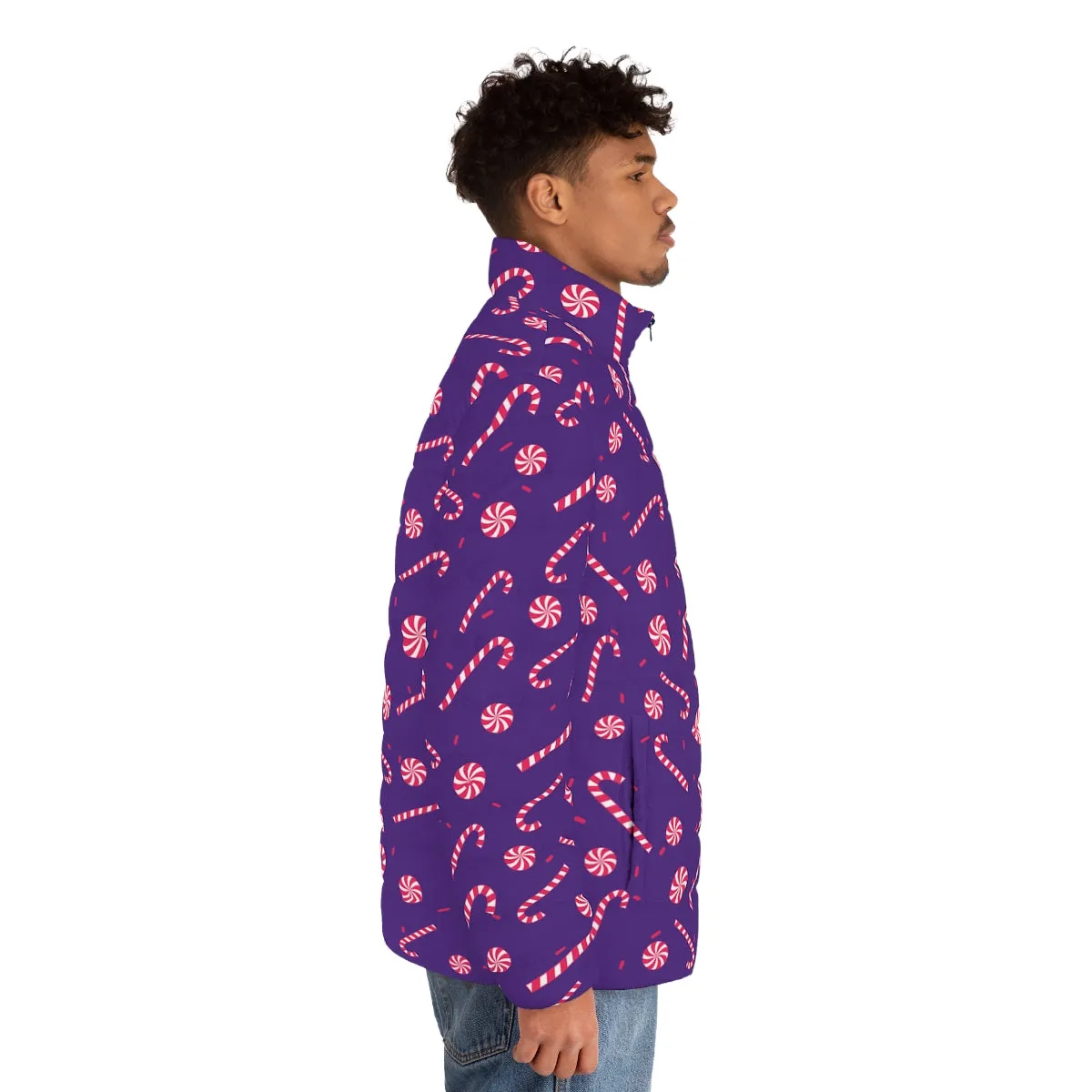 Purple Candy Cane Men's Jacket, Best Christmas Winter Regular Fit Polyester Men's Puffer Jacket With Stand Up Collar (US Size: S-2XL)