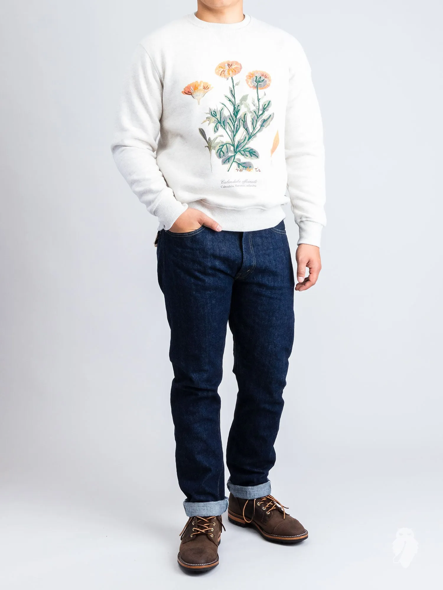 "Calendula Embroidery" Crewneck Sweater in White Melange